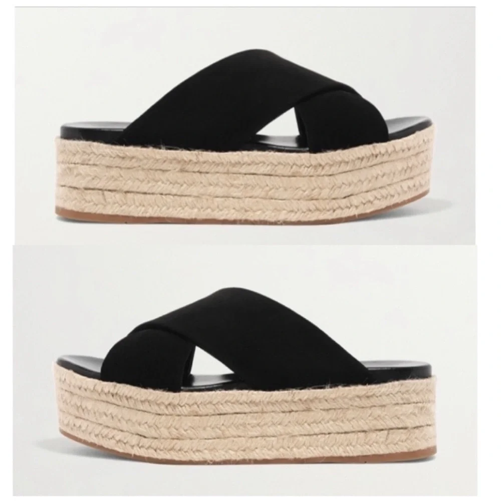 MIU MIU Suede Espadrille Platform Slip on Slides Sandals Black size 8 NEW